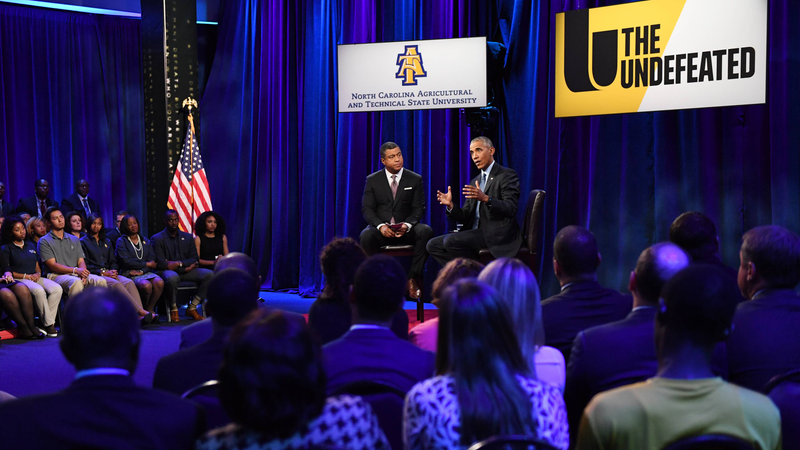 President Obama and ESPN “SportsCenter” anchor Stan Verrett, who hosted and moderated a town hall in Greensboro, N.C. , on Oct. 11. “ESPN’s The Undefeated, a website devoted to sports, race, culture and historically black colleges and universities, has picked A&T specifically because of its size — it’s the largest HBCU in the country — and prestige,” John Newsome reported for the News & Record in Greensboro.